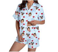 Générique Ensembles de Pyjama Personnalisé Femme Saint Valentin Pyjama en Coton Personnalisable Pijama Set Personnalisé en Satin Tenue de Nuit Personnalisable de Soie Vêtements de Nuit Bleu Clair S
