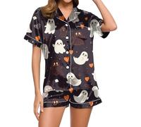 Générique Ensembles de Pyjama Tendance pour Femmes, pour Un Confort Quotidien, Tenue décontractée à imprimé Halloween, vêtements de Nuit et Shorts Lingerie De Valentin (Black, S)