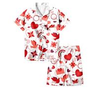 Générique Ensembles Fille,Pyjama Imprimé CœUr pour Fille, Haut à Manches Courtes Et Short Boutonné, Ensemble De Pyjama pour La Maison (Red, 4-5 Years)