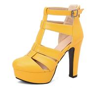 Générique Escarpins Femme À Bout Rond en Cuir PU À Plateforme Talon Haut Épais Sandales À Bout Fermé Sangle À La Cheville Boucle Fermeture Éclair Chaussures Habillées,Jaune,42 EU