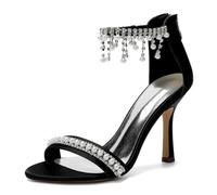 Générique Escarpins Femme Mariage Satin Bout Ouvert Perles Et Strass Talon Haut Stiletto Fermeture Éclair Bride Cheville Chaussures Élégantes Soirée Réception,Noir,43 EU