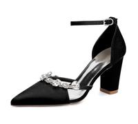 Générique Escarpins Femme Mariage Satin Bout Pointu Talon Bloc Strass Bride Cheville avec Boucle Chaussures Élégantes pour Mariée Soirée Réception,Noir,38 EU