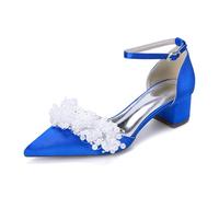 Générique Escarpins Femme Satin Grappe De Perles Bout Pointu Talon Bloc Bride Cheville Chaussures Mariage Élégantes pour Mariée Soirée Bal,Bleu,42 EU