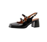 Générique Escarpins Mary Jane Femme À Double Boucle Slingback Carré Bout Fermé Dessus Brillant Métallique Talon Haut Bloc Épais Chaussures Casual Polyvalentes,Noir,35 EU
