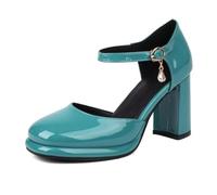 Générique Escarpins Mary Jane Femme À Plateforme en Cuir Verni Bout Carré Fermé Charme Pendentif Strass Talon Haut Épais Cheville Chaussures Glamour,Vert,45 EU