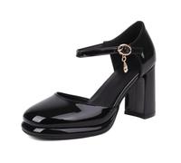 Générique Escarpins Mary Jane Femme À Plateforme en Cuir Verni Bout Carré Fermé Charme Pendentif Strass Talon Haut Épais Cheville Chaussures Glamour,Noir,40 EU