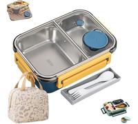 Générique Escentio Lunch Box, Stainless Steel Bento Box, Food Warmer, Leak-Proof Stackable Cutlery Set, Large Capacity with 2/3 Compartment for Adults, Office & Travel (Blue,2-Grid+thermal bag)