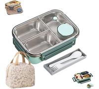 Générique Escentio Lunch Box, Stainless Steel Bento Box, Food Warmer, Leak-Proof Stackable Cutlery Set, Large Capacity with 2/3 Compartment for Adults, Office & Travel (Green,3-Grid+thermal bag)