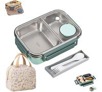 Générique Escentio Lunch Box, Stainless Steel Bento Box, Food Warmer, Leak-Proof Stackable Cutlery Set, Large Capacity with 2/3 Compartment for Adults, Office & Travel (Green,2-Grid+thermal bag)