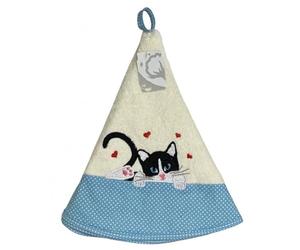 Générique Essuie Main Rond en éponge Chat avec cœurs et Petit Pois Ecru Bleu