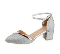 Générique Été Bottines Bleues Bride À La Cheville Sandale Bureau Dames Bout Pointu Chaussures Talons Chunky Sandales Taille 7 Habillées (Silver, 36)