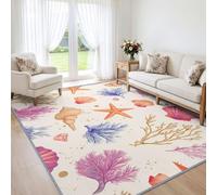 Générique Étoile De Mer Coquille Saint-Jacques Corail Tapis de Salon Lavable 80x150 cm， Aquarelle Plage - Antidérapant et Lavable en Machine - Poils Courts - Douce - pour Salon, Chambre ou Bureau