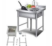 Générique Évier Commercial 304 Support Utilitaire à Bol Unique en Acier Inoxydable avec Robinet, Rack de Drainage Propre Facile pour Garage Restaurant Blanchisserie, 60x60x80cm