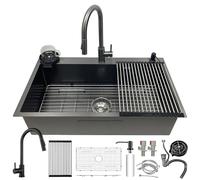 Générique Évier de Cuisine en Acier Inoxydable 85 x 50 cm, Noir, à Une cuve, avec Robinet extractible. Évier de Cuisine et de Bar avec égouttoir, Distributeur de Savon et Fonction R.