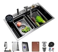 Générique Évier de Cuisine Multifonction en Acier Inoxydable avec Robinet Rotatif à 1080°, Robinet extractible et Lave-Tasses, Double Montage (Couleur : Noir, Dimensions : 75 x 46 x 21 cm)