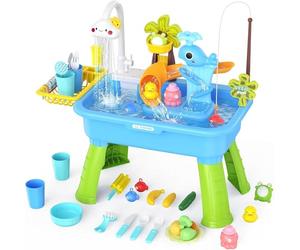 Générique Évier De Jeu Éducatif avec Eau Courante - Table À Eau pour Tout-Petits, Robinet Rotatif 180° Et Pompe Fonctionnelle, Jeu De Rôle en Cuisine Et Pêche, Cadeau D'Été pour Garçons Et Filles