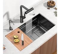 Générique Évier Multifonction en Acier Inoxydable avec Robinet Cascade et douchette extractible, encastrable, à Une cuve, Noir, 65 x 45 x 20 cm. Accessoires Inclus.