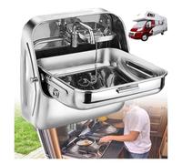 Générique Évier Mural en Acier Inoxydable, évier Pliable avec Robinet et Protection Contre Les éclaboussures, for Utilisation intérieure, extérieure, Garage, buanderie et Camping-Car(Silver)