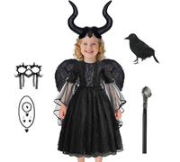 Générique Evil Queen Costume Kids, sorcière robe noire pour filles âgés de 2 à 10 ans, robe tulle Halloween Dress Up Costume avec ailes, coiffure, corbeau, sceptre, collier