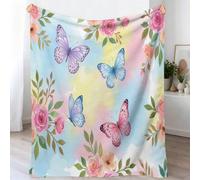 Générique Fantaisie Couverture Toutes Saisons à Aquarelle Papillon Fleurs - Plaid Douillet Réversible et Couvre-lit en Peluche Bleu, Couverture Moelleuse pour Adultes et Enfants 150 x 200 cm