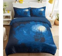 Générique Fantasy Maritime Parure de Lit Fermeture Éclair Mer Silhouette Bateaux Pirates Lune Housse de Couette Bleu Marine Facile à Repasser 220 x 240 Parure de Lit pour Adulte