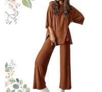 Générique Fellowshipi Casual Set, Casual 2-Piece Loose-Fit Short Sleeve Top & Wide-Leg Pants Set with Pockets (brown,Large)