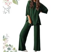 Générique Fellowshipi Casual Set, Casual 2-Piece Loose-Fit Short Sleeve Top & Wide-Leg Pants Set with Pockets (dark green,Small)