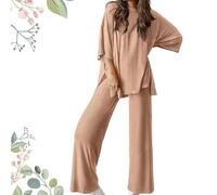 Générique Fellowshipi Casual Set, Casual 2-Piece Loose-Fit Short Sleeve Top & Wide-Leg Pants Set with Pockets (khaki,X-Large)