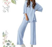 Générique Fellowshipi Casual Set, Casual 2-Piece Loose-Fit Short Sleeve Top & Wide-Leg Pants Set with Pockets (light blue,XX-Large)