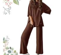 Générique Fellowshipi Casual Set, Casual 2-Piece Loose-Fit Short Sleeve Top & Wide-Leg Pants Set with Pockets (coffee,Large)
