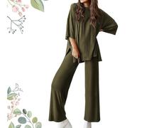 Générique Fellowshipi Casual Set, Casual 2-Piece Loose-Fit Short Sleeve Top & Wide-Leg Pants Set with Pockets (Army green,XX-Large)