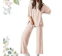 Générique Fellowshipi Casual Set, Casual 2-Piece Loose-Fit Short Sleeve Top & Wide-Leg Pants Set with Pockets (beige,Small)