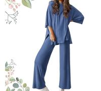 Générique Fellowshipi Casual Set, Casual 2-Piece Loose-Fit Short Sleeve Top & Wide-Leg Pants Set with Pockets (blue,XX-Large)