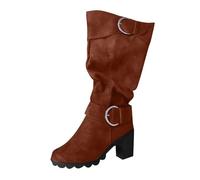 Générique Femelles Botte Knee High à boucles Hautes À Talons Carrés Femelles Bottillon Tige large Travail Confortable Femmes Bottines Imperméables Souple Elégantes Femme Boot Casual Vintage Chaudes