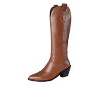Générique Femelles Bottillon Mi-Mollet pointu Talon moyen Chaussures de botte pour femme Confortable Souple Casual Femme Bottine Chaudes cuir véritable rétro Cowboy Elégantes Automne Hiver