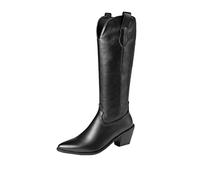 Générique Femelles Bottillon Mi-Mollet pointu Talon moyen Chaussures de botte pour femme Confortable Souple Casual Femme Bottine Chaudes cuir véritable rétro Cowboy Elégantes Automne Hiver
