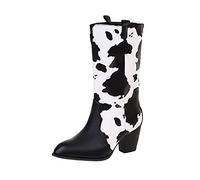 Générique Femelles Bottillon Patchwork pointu Mi-Mollet Chaussures de botte pour femme Confortable Souple Casual Tige large Femme Bottine Chaudes cuir véritable rétro Cowboy Elégantes Automne Hiver