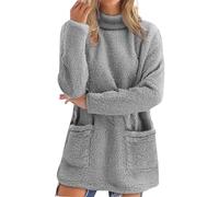 Générique Femme Automne Hiver Femme Col Roulé Poche Col Rond DéContracté Chaud Manches Longues Peluche Sweat sans Capuche