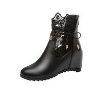 Générique Femme Boot basses Dentelle Talon moyen Femelle Bottes Chaudes cuir véritable Automne Hiver Bottes pour femme Moderne Mode Couleur unie Femmes Bottes Tige large loisirs Elégantes