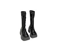 Générique Femme Boot Mi-Mollet Cuir Verni Rond Bottes Femmes Elégantes Chaudes Vintage loisirs à talon carré Bottes pour femme classiques cuir véritable Automne Hiver Cowboy Mode Glossy