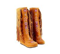 Générique Femme Botte Frange Mi-Mollet imprimé plates Bottines femmes Vintage Moderne Mode Bottes pour femme Elégantes Tige large Chaudes cuir véritable Automne Hiver Cowboy Confortable