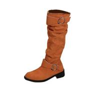 Générique Femme Botte Knee High à boucles Cuir Bottines femme Couleur unie Vintage Casual Femmes Bottes loisirs à talon carré classiques Elégantes Mode Femelles Bottillon Vintage Souple Travail