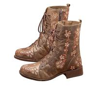 Générique Femme Bottine basses imprimé brodées à Lacets Femmes Boot Vintage Chaudes Automne Hiver Bottes Femelles Elégantes Souple Femelles Bottillon classiques Tige large Fashion colorées