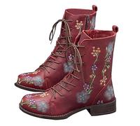 Générique Femme Bottine basses imprimé brodées à Lacets Femmes Boot Vintage Chaudes Automne Hiver Bottes Femelles Elégantes Souple Femelles Bottillon classiques Tige large Fashion colorées