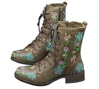 Générique Femme Bottine basses imprimé brodées à Lacets Femmes Boot Vintage Chaudes Automne Hiver Bottes Femelles Elégantes Souple Femelles Bottillon classiques Tige large Fashion colorées