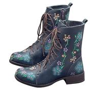 Générique Femme Bottine basses imprimé brodées à Lacets Femmes Boot Vintage Chaudes Automne Hiver Bottes Femelles Elégantes Souple Femelles Bottillon classiques Tige large Fashion colorées