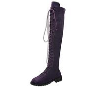 Générique Femme Bottine Hautes Genoux plates à Lacets Femmes Bottes Confortable Elégantes Casual Fashion Tige large Bottes Femme Vintage Chaudes Souple Couleur unie Automne Hiver