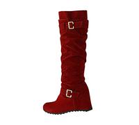 Générique Femme Bottine Hautes Genoux plates daim Femelles Botte Chaudes Mode Couleur unie Chaussures de botte pour femme Vintage Confortable Femelle Bottillons Elégantes Souple à boucles