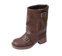 Générique Femme Bottine Mi-Mollet à boucles Cuir Verni plates Dame Bottes Confortable Imperméables Souple Dame Bottes Elégantes Chaudes Vintage Bottine Femelles classiques Mode Automne Hiver