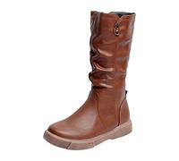 Générique Femme Bottine Mi-Mollet plates Bottes Femme Confortable Elégantes Mode cuir véritable Couleur unie Femelles Bottillon Chaudes Souple rétro Cowboy Tige large Automne Hiver Imperméables